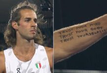 Tamberi oro nel salto in alto, il messaggio sul braccio: “Fidati di te”