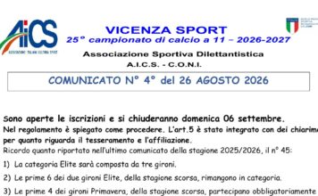 Calcio AiCS Vicenza, iscrizioni aperte e Supercoppa il 19 settembre per la stagione 2026-2027 Calcio AiCS Vicenza, iscrizioni stagione 2026-2027