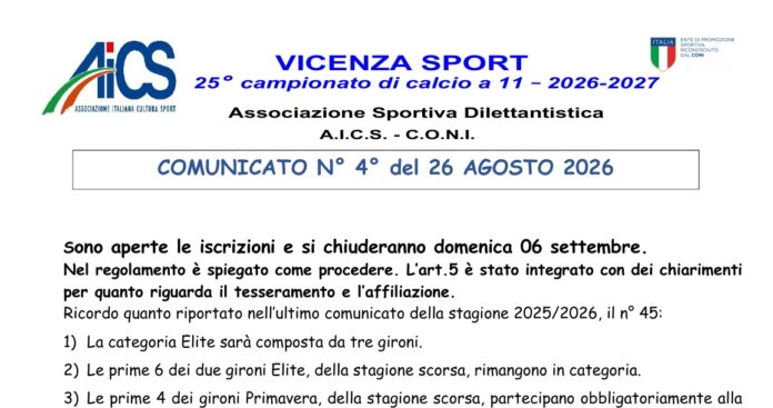 Calcio AiCS Vicenza, comunicato numero 4 della stagione 2026-2027 Calcio AiCS Vicenza, iscrizioni stagione 2026-2027