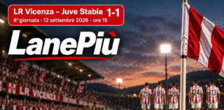 Lr Vicenza-Juve Stabia 1-1: Corazza illude, Di Nardo pareggia su rigore Lr Vicenza-Juve Stabia 1-1, grafica LanePiù