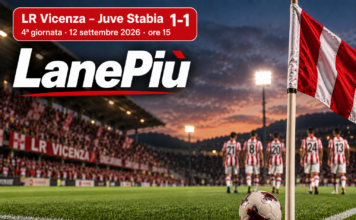 Lr Vicenza-Juve Stabia 1-1: Corazza illude, Di Nardo pareggia su rigore Lr Vicenza-Juve Stabia 1-1, grafica LanePiù