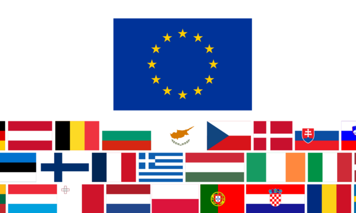 Bandiere europee e voto tedesco AfD e Green Deal nel dibattito europeo, bandiere dell’Unione europea