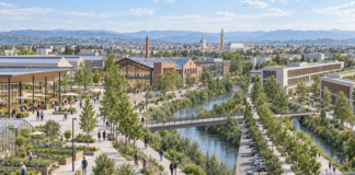 Masterplan Vicenza 2030: cosa prevede per case, quartieri, lavoro e spazi verdi Masterplan Vicenza 2030: illustrazione contemporanea con mercato, edifici industriali recuperati, parco fluviale e strutture sanitarie.