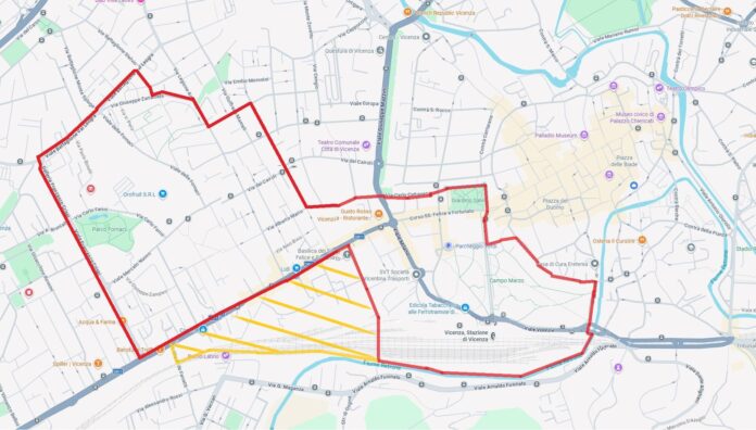 Mappa della zona a vigilanza rafforzata di Vicenza Zona a vigilanza rafforzata attorno alla stazione di Vicenza