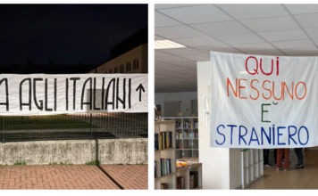 Sconcerto a Thiene, enorme striscione con scritta “Italia agli italiani” affisso nella recinzione di Corradini e Chilesotti corradini striscione
