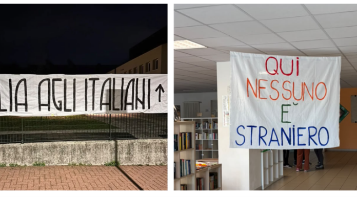 Sconcerto a Thiene, enorme striscione con scritta “Italia agli italiani” affisso nella recinzione di Corradini e Chilesotti corradini striscione