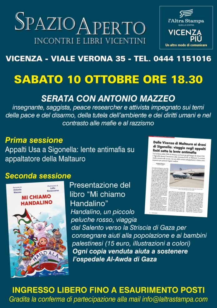 Spazio aperto Vicenza, serata con Antonio Mazzeo tra appalti Usa a Sigonella e il libro Mi chiamo Handalino