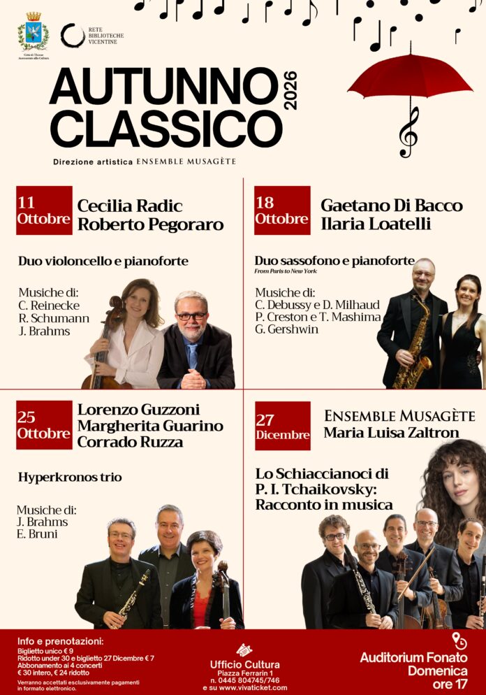 Autunno Classico a Thiene, quattro domeniche tra musica da camera, jazz e fiabe musicali Autunno Classico a Thiene