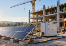 Cantieri e CO₂, lo studio Deerns misura l’impatto nascosto della costruzione degli edifici Emissioni dei cantieri edili, edificio in costruzione con gru, macchinari e pannelli solari