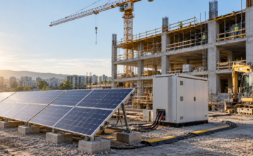 Cantieri e CO₂, lo studio Deerns misura l’impatto nascosto della costruzione degli edifici Emissioni dei cantieri edili, edificio in costruzione con gru, macchinari e pannelli solari
