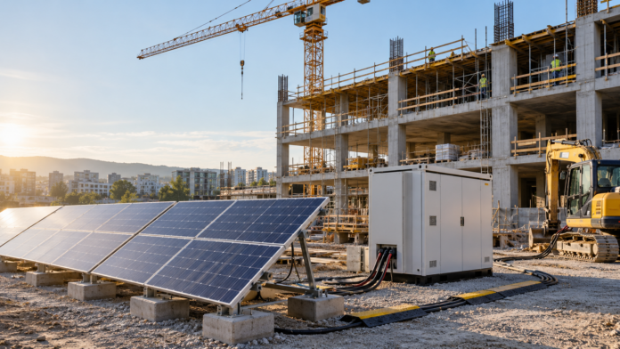 Cantieri e CO₂, lo studio Deerns misura l’impatto nascosto della costruzione degli edifici Emissioni dei cantieri edili, edificio in costruzione con gru, macchinari e pannelli solari