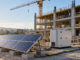Cantieri e CO₂, lo studio Deerns misura l’impatto nascosto della costruzione degli edifici Emissioni dei cantieri edili, edificio in costruzione con gru, macchinari e pannelli solari