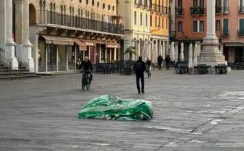 Vicenza, rimossa all’alba la grande tela di bambù stesa in Piazza dei Signori in centro Tela di bambù rimossa a Vicenza e ripiegata in Piazza dei Signori