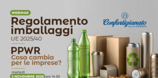 Nuove regole Ue sugli imballaggi: webinar per le imprese vicentine il 3 novembre Regolamento imballaggi PPWR, grafica del webinar di Confartigianato Vicenza