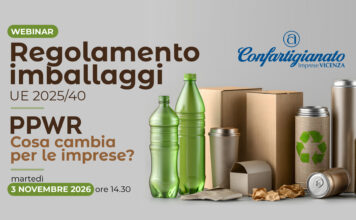 Nuove regole Ue sugli imballaggi: webinar per le imprese vicentine il 3 novembre Regolamento imballaggi PPWR, grafica del webinar di Confartigianato Vicenza