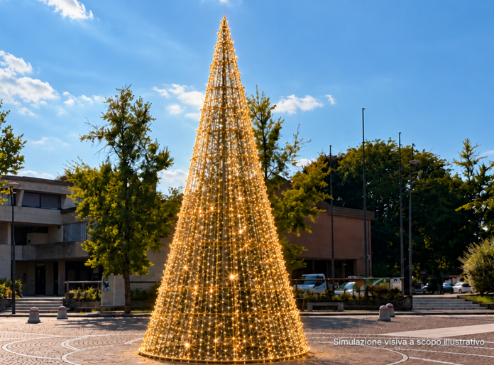 Sovizzo, raccolta fondi per le luminarie e albero di Natale alto dodici metri in piazza Luminarie di Natale a Sovizzo, simulazione del grande albero in piazza Manzoni