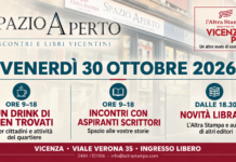 Spazio Aperto, il 30 ottobre una giornata con il quartiere, gli aspiranti scrittori e le novità librarie Spazio Aperto a Vicenza, programma del 30 ottobre 2026: drink e incontri con aspiranti scrittori dalle 9 alle 18, novità librarie dalle 18.30.
