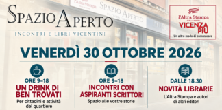 Spazio Aperto, il 30 ottobre una giornata con il quartiere, gli aspiranti scrittori e le novità librarie Spazio Aperto a Vicenza, programma del 30 ottobre 2026: drink e incontri con aspiranti scrittori dalle 9 alle 18, novità librarie dalle 18.30.