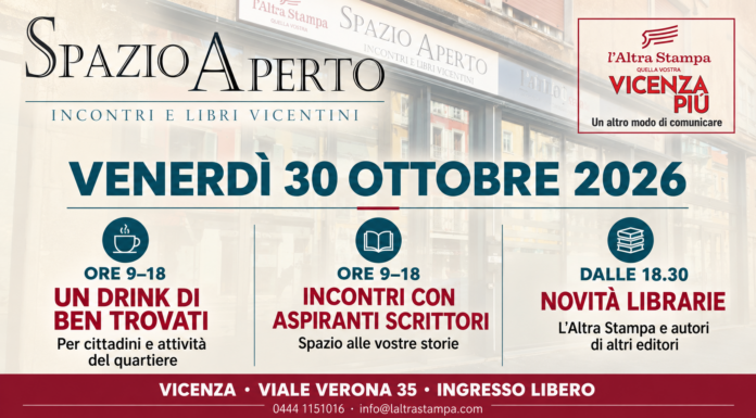 Spazio Aperto, il 30 ottobre una giornata con il quartiere, gli aspiranti scrittori e le novità librarie Spazio Aperto a Vicenza, programma del 30 ottobre 2026: drink e incontri con aspiranti scrittori dalle 9 alle 18, novità librarie dalle 18.30.