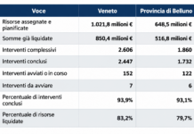 Otto anni dopo Vaia, in Veneto concluso quasi il 94% dei 2.606 interventi previsti Ricostruzione dopo Vaia, tabella con 2.606 interventi in Veneto
