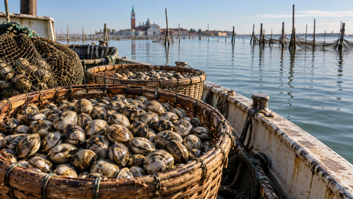 Fondi per la crisi delle vongole, ceste di molluschi su una barca nella laguna veneta